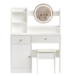 Fashion Vanity Desk With Mirror And Lights For Makeup And Cushioned Chair - White
