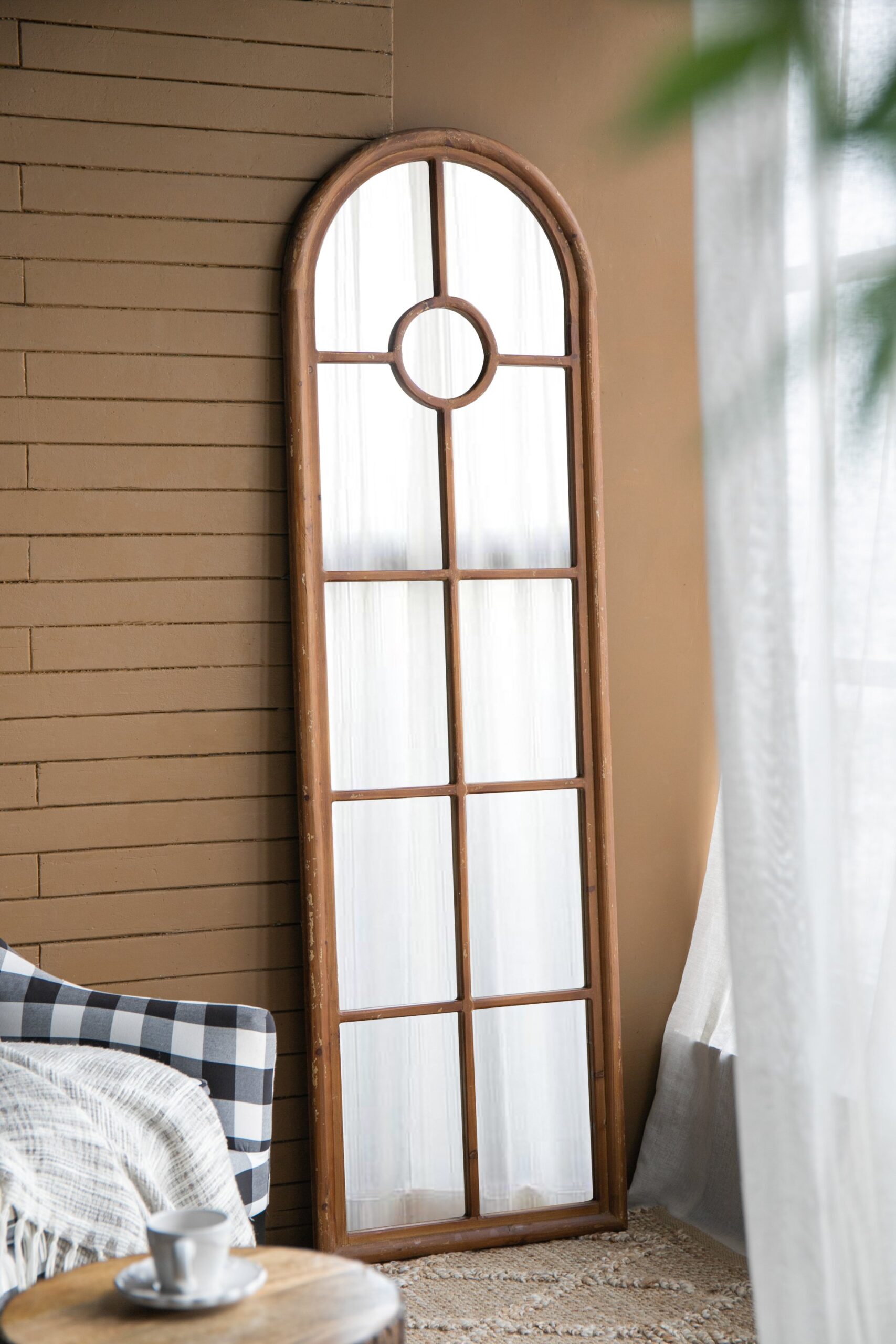 Half Round Elongated Mirror With Decorative Window Look Classic Architecture Style Solid Fir Wood Interior Decor - Brown - Image 4