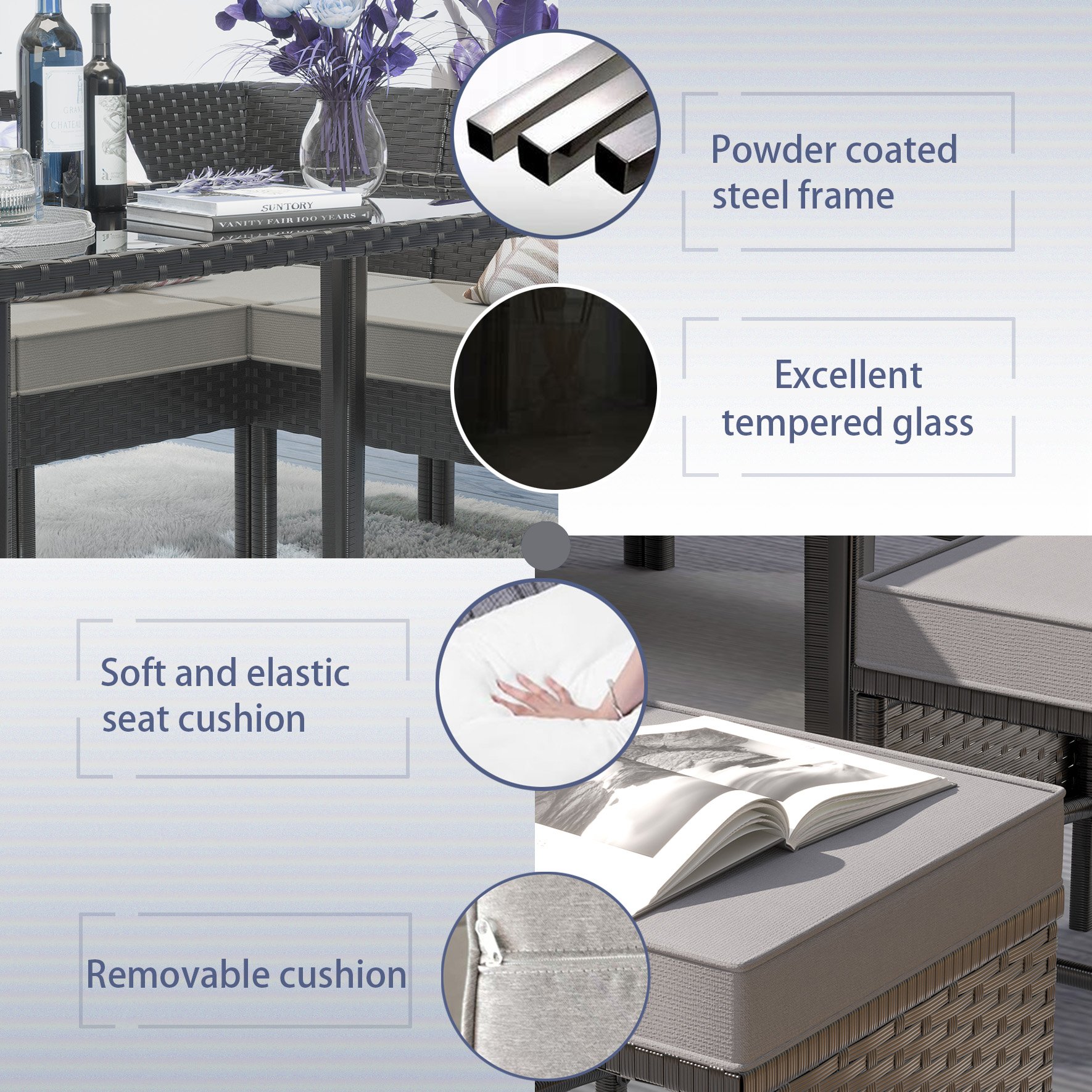 Modern Small Space Patio Furniture 7 Piece Outdoor Set With Waterproof Cushions - Blue / Gray - Image 5