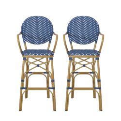 Outdoor Wicker And Aluminum French Barstools Set With Bamboo Print - Navy Blue