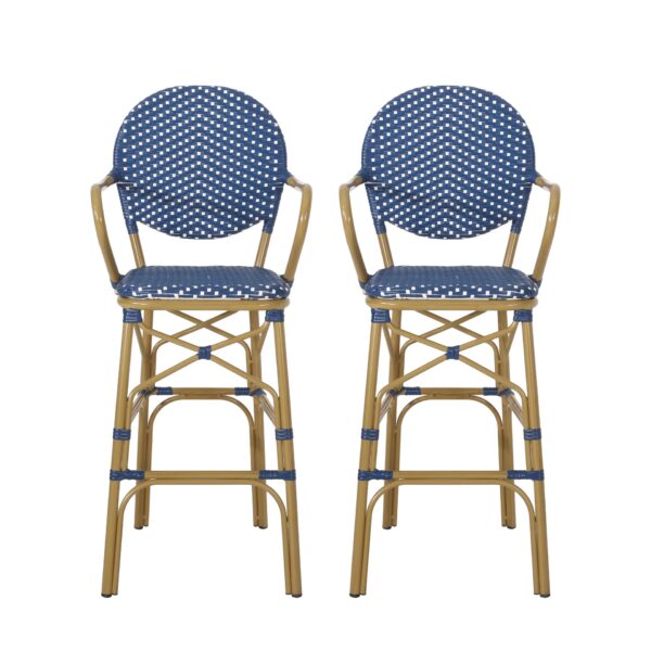 Outdoor Wicker And Aluminum French Barstools Set With Bamboo Print - Navy Blue