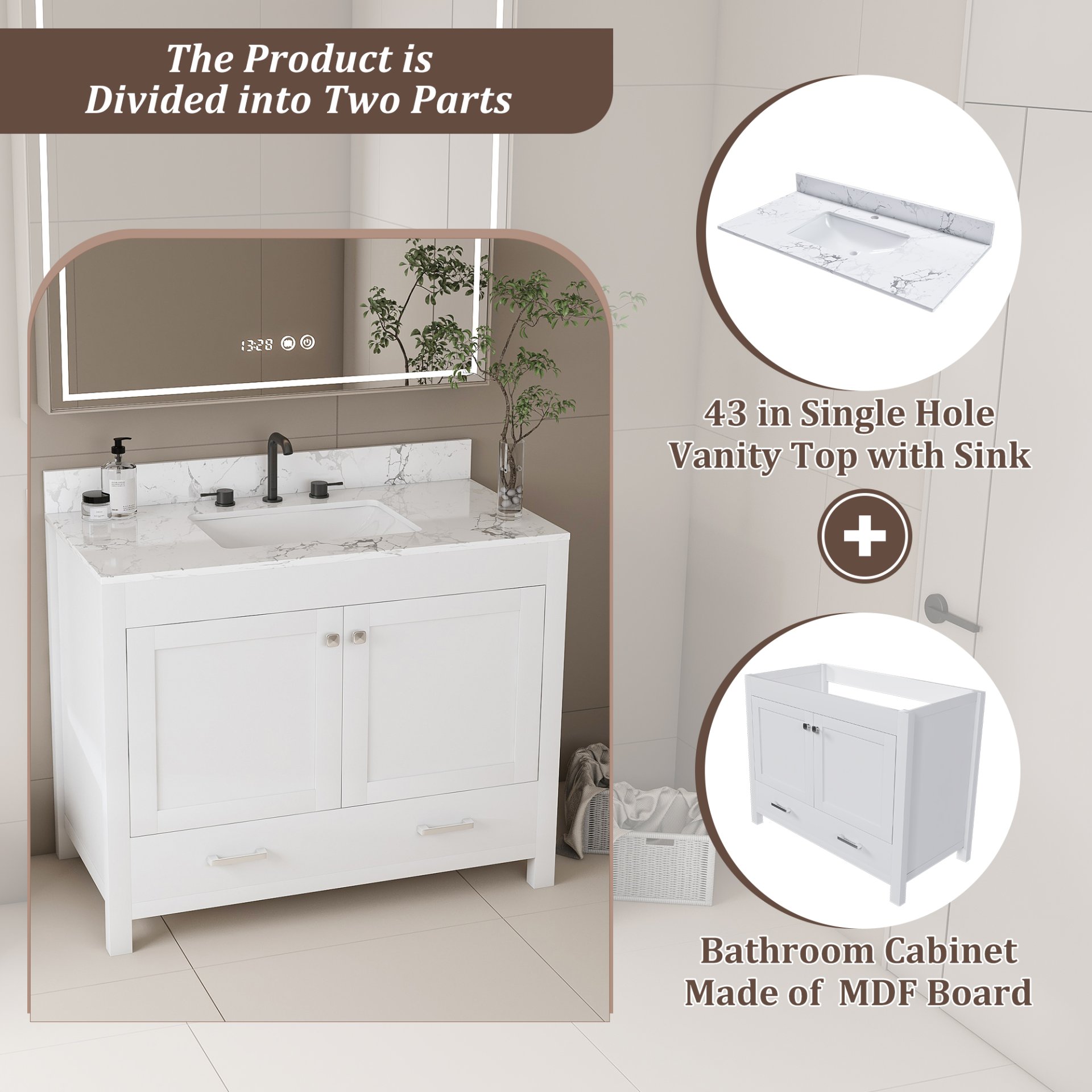 43" Bathroom Vanity With Artificial Marble Carrara Top Set, Multi Functional Bathroom Cabinet With Doors And Drawer - White - Image 7