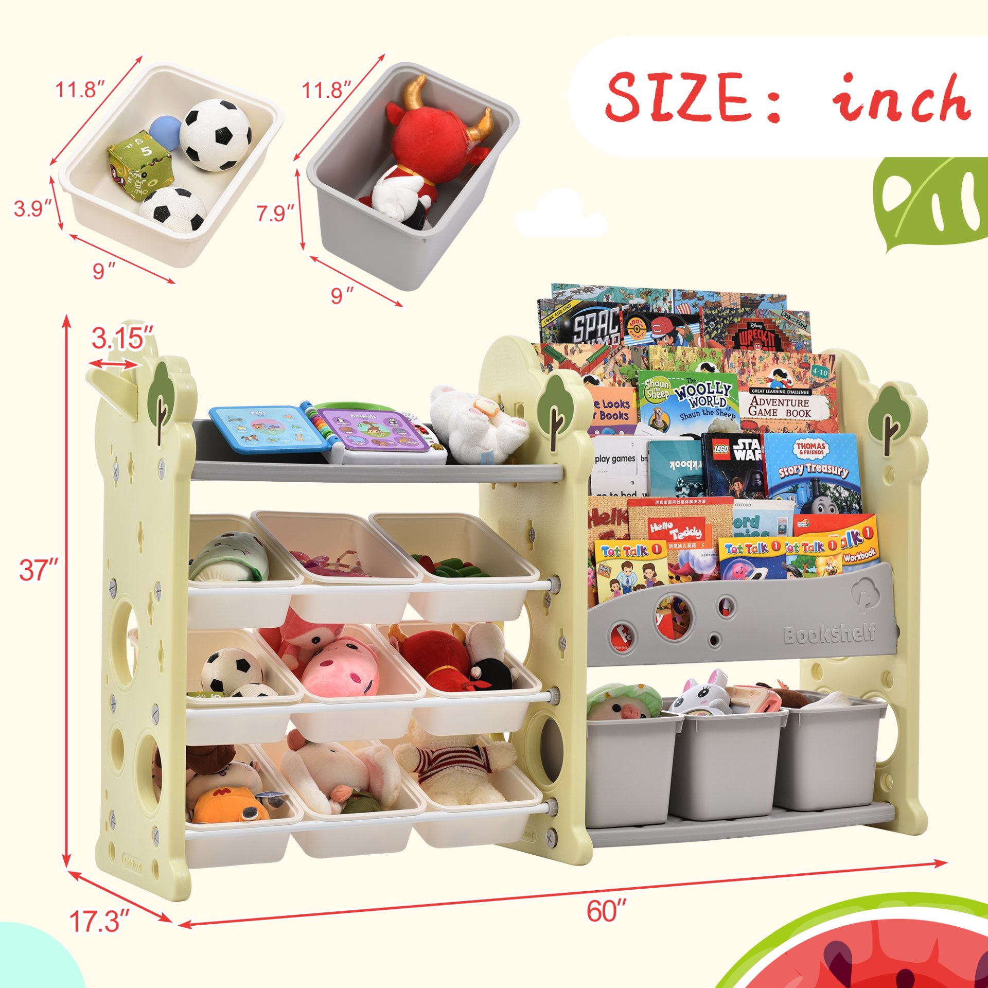 Kids Bookshelf Toy Storage Organizer With 17 Bins And 5 Bookshelves, Multi-Functional Nursery Organizer Kids Furniture Set Toy Storage Cabinet Unit With HDPE SheLF And Bins - Light Green - Image 4