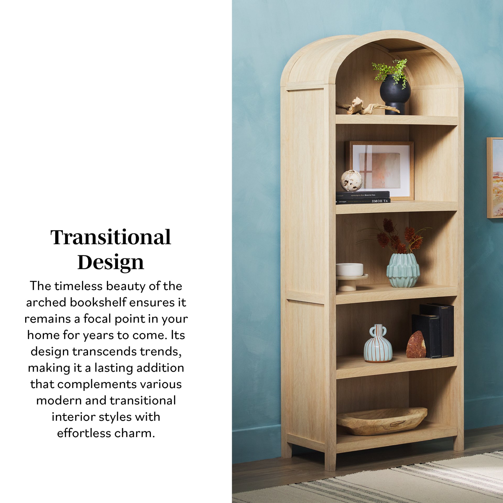 Modern 5 Shelf Open Arched Bookshelf - Oak - Image 11