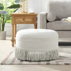 Yolanda - Round Upholstered Accent Ottoman - Alabaster Off White