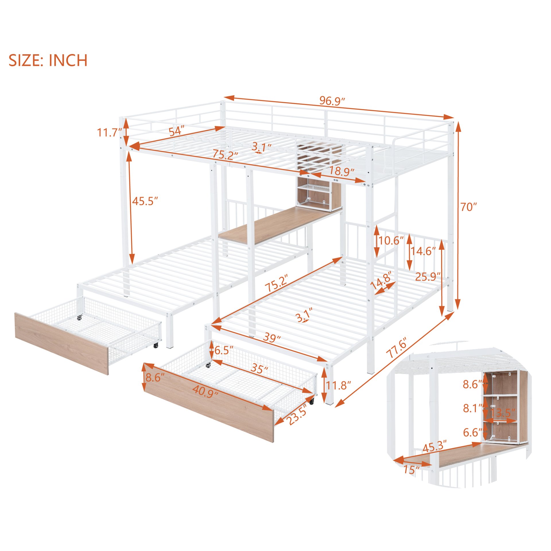 Full Over Twin & Twin Triple Bunk Bed With Drawers, Multi-Functional Frame With Desks And Shelves In The Middle - White - Image 7