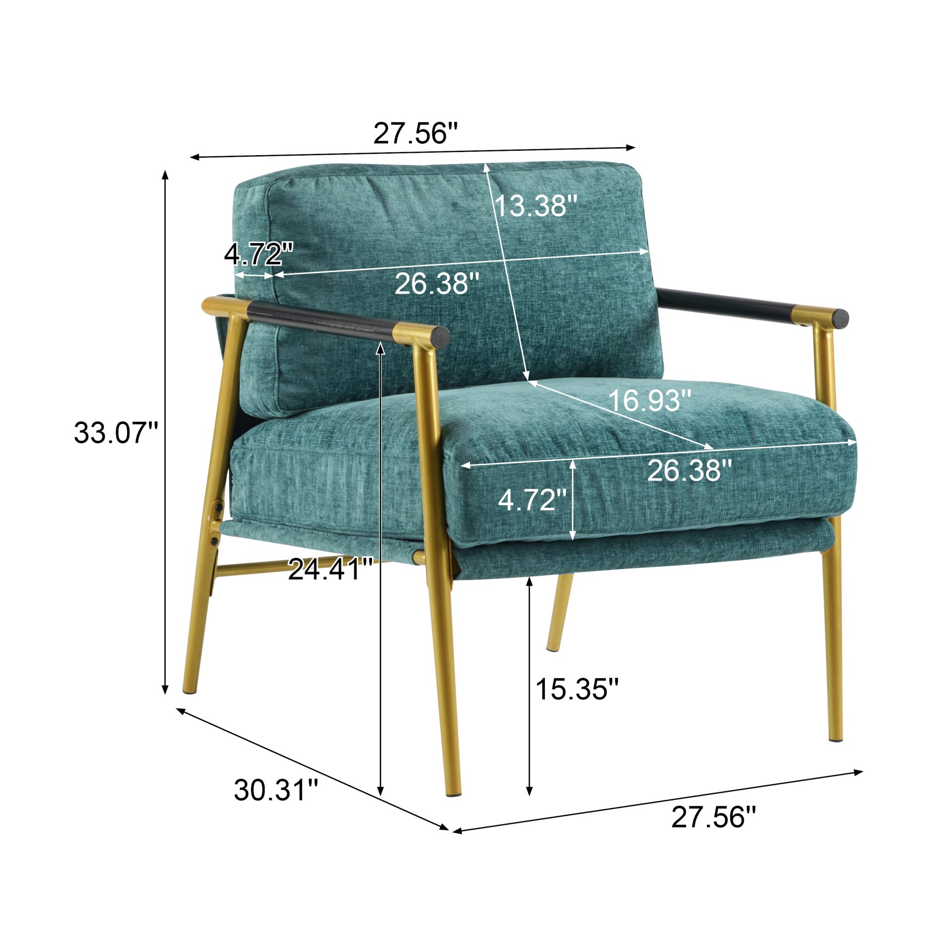 Modern Accent Chair With Plush Cushions, Metal Frame, Wooden Armrests Cozy Seating For Living Room, Bedroom, Office - Gold / Teal Blue - Image 3