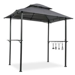 Outdoor Grill Gazebo 8 X 5 Ft With Double Tier Canopy, Steel Frame, Bar Counters & Hook - Gray