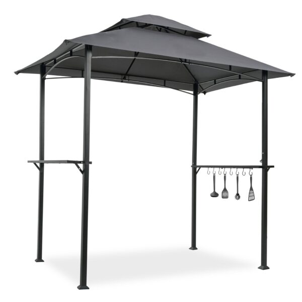 Outdoor Grill Gazebo 8 X 5 Ft With Double Tier Canopy, Steel Frame, Bar Counters & Hook - Gray