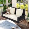 2 Person Wicker Hanging Porch Swing With Chains, Cushion, Pillow, Rattan Swing Bench For Garden, Backyard - Brown / Beige - Image 5