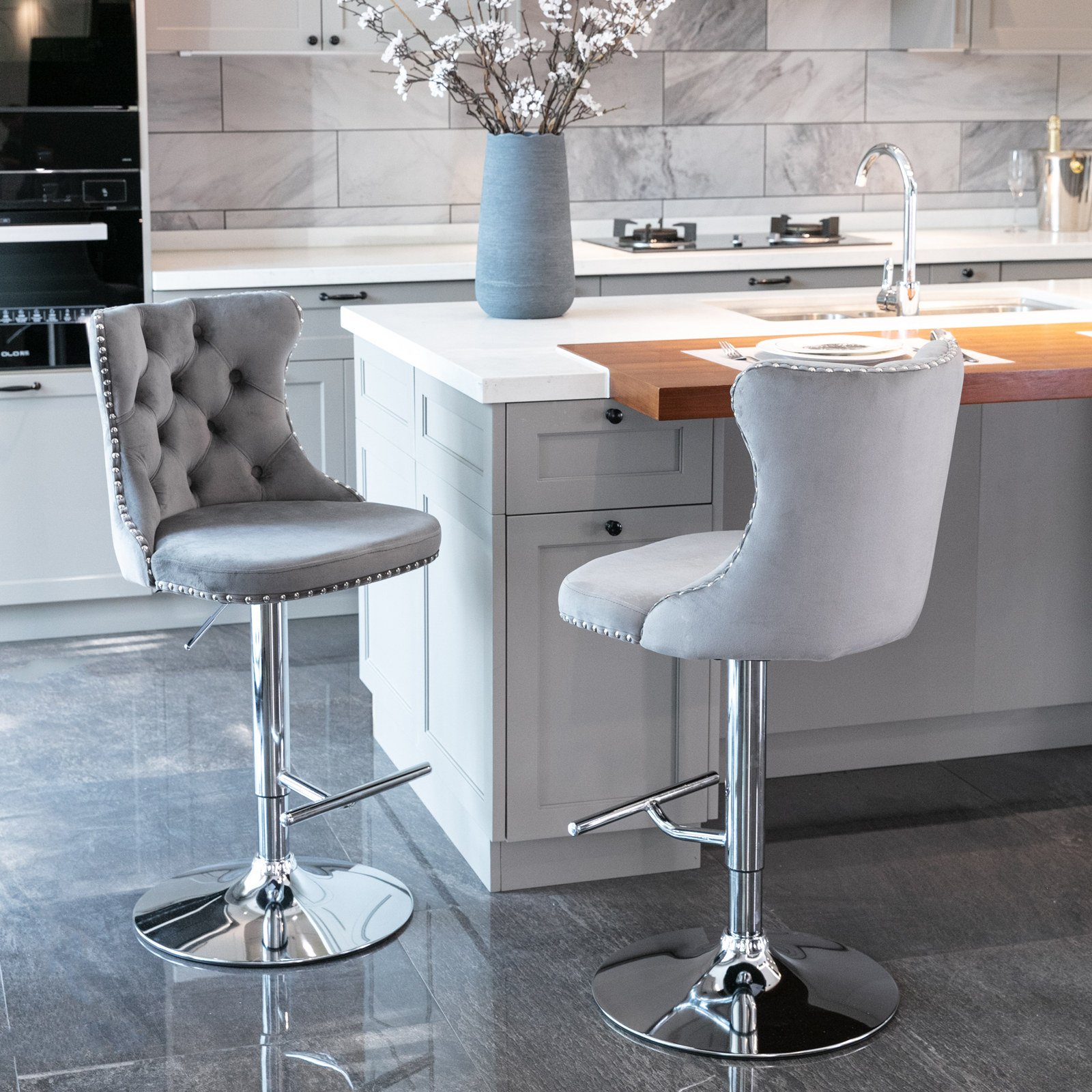 Swivel Velvet Barstools Adjusatble Seat Height From 25-33", Modern Upholstered Chrome Base Bar Stools With Backs Comfortable Tufted For Home Pub And Kitchen Island (Set of 2) - Gray - Image 12
