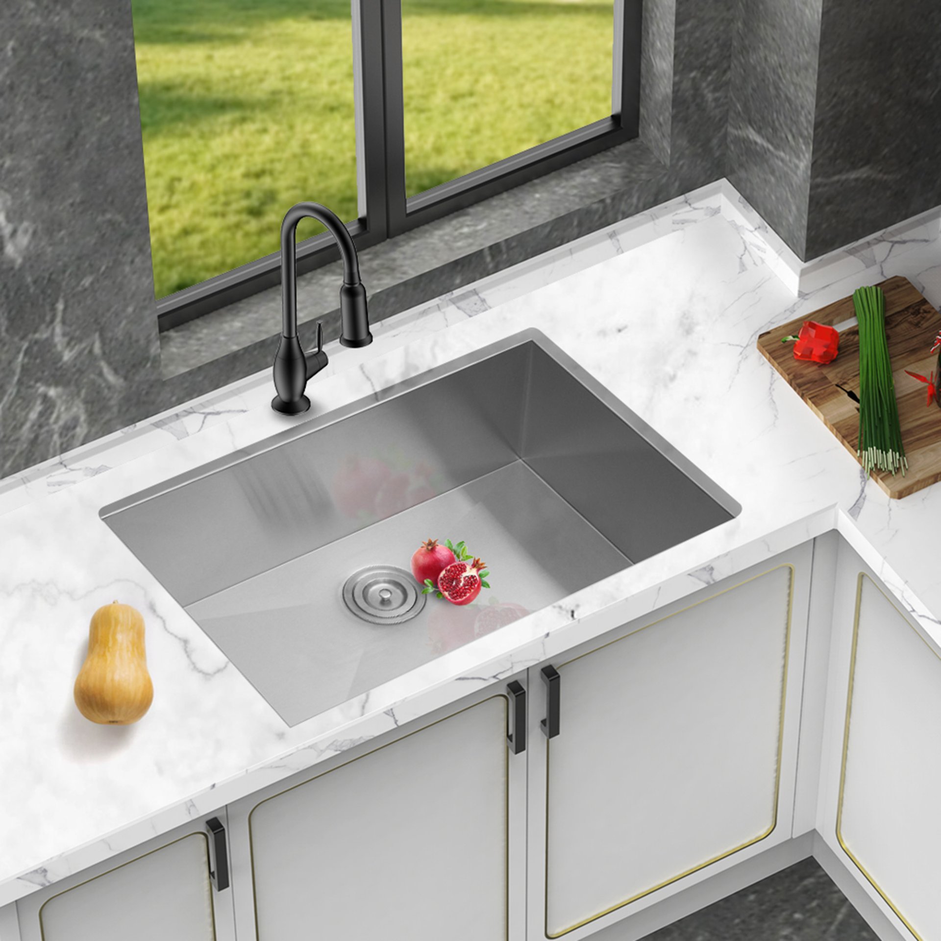 28" Undermount Kitchen Sink, 16 Gauge, 9" Deep Single Bowl - Brushed Nickel - Image 5