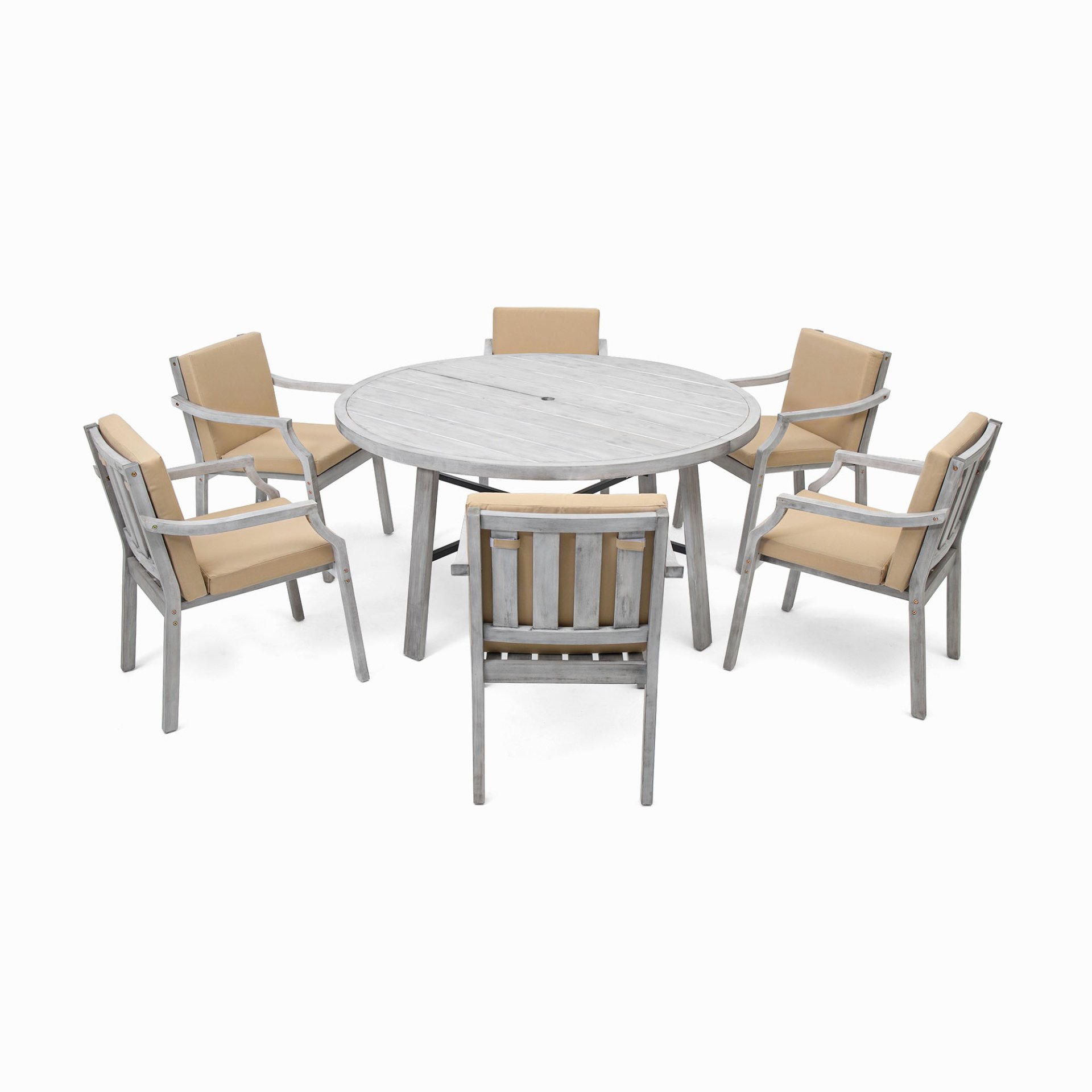 6 Person Outdoor Wooden Dining Set With Umbrella Hole And Removable Cushions For Patio - Gray - Image 16