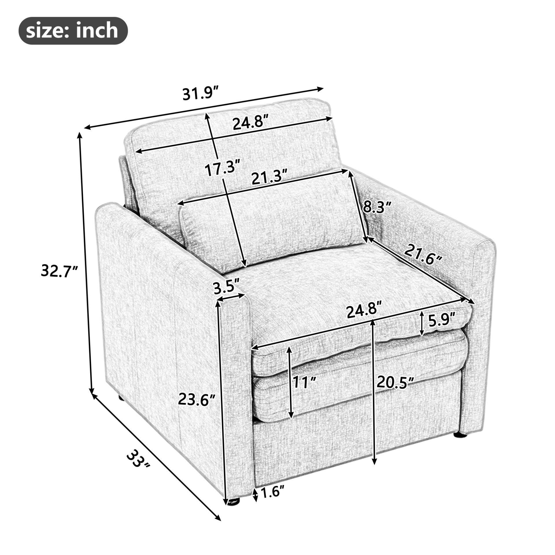 Cozy Upholstered Armchair Oversized Comfy Cloud Sofa Double Cushion Single Sofa Plush Cushion Armchair For Living Room - Light Gray - Image 2