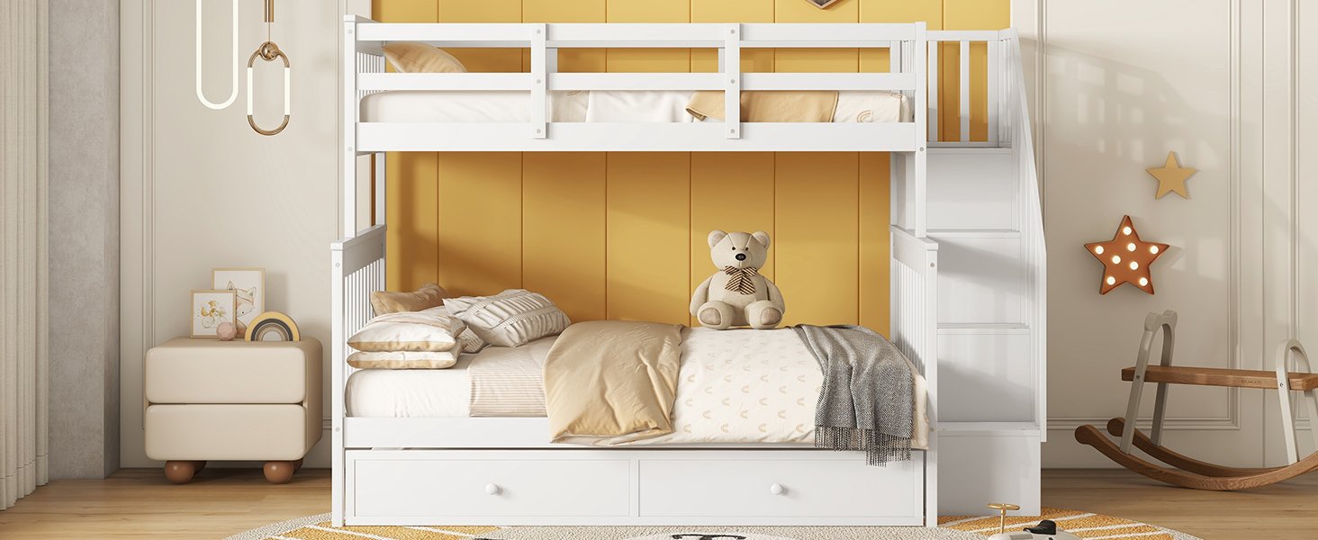 Twin Over Full Bunk Bed With Twin Size Trundle, Storage And Guard Rail For Bedroom - White - Image 26