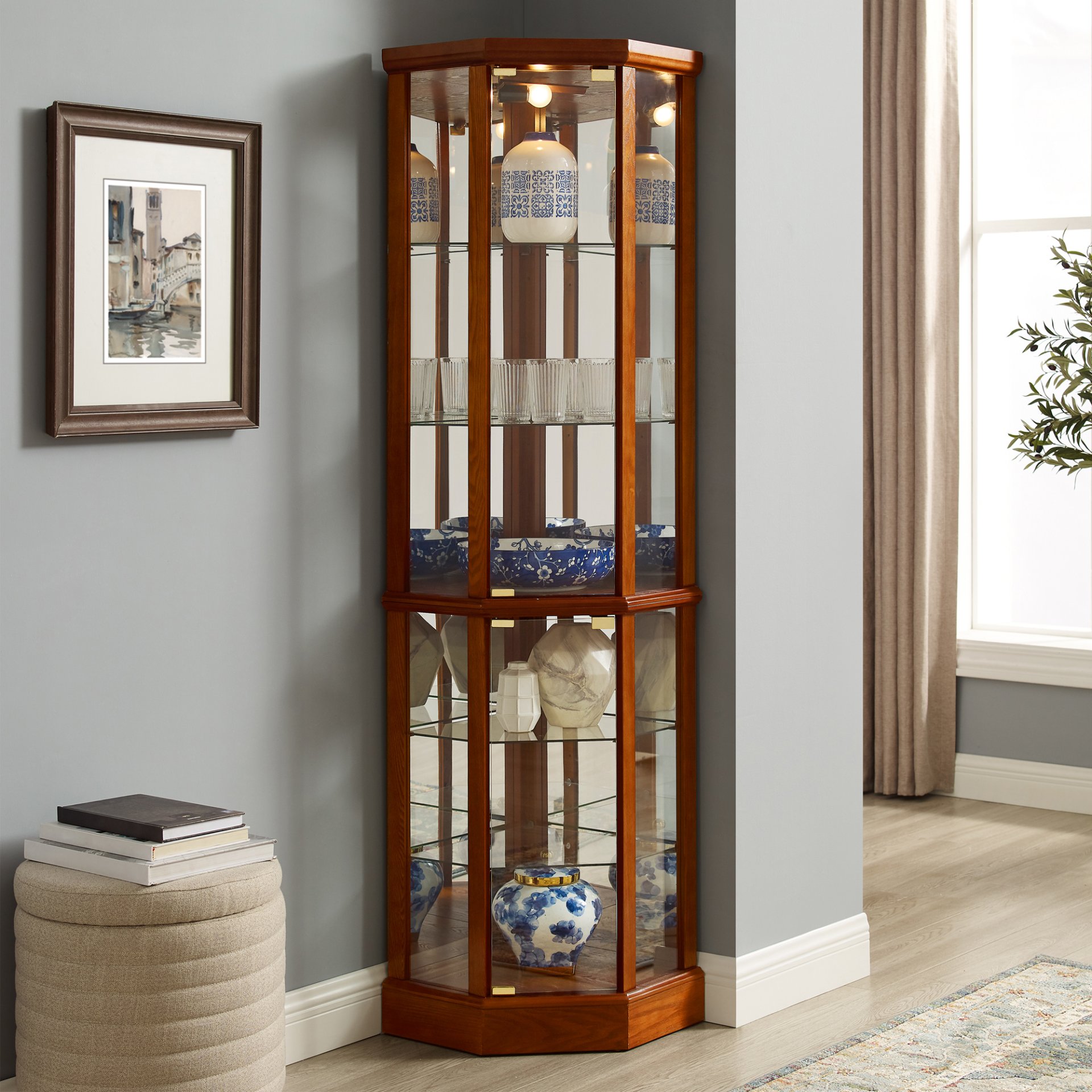 6 Shelf Lighted Corner Curio Cabinet With Adjustable Tempered Glass Shelves And Mirror Back (E26 Light Bulb Not Included) - Oak - Image 7