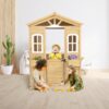 Wooden Playhouse For Kids Outdoor With Working Door, Windows, Mailbox, Flowers Pot Holder - Natural - Image 2