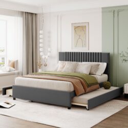 Queen Size Upholstered Platform Bed With 2 Drawers And 1 Twin Long Trundle, Classic Headboard Design - Gray