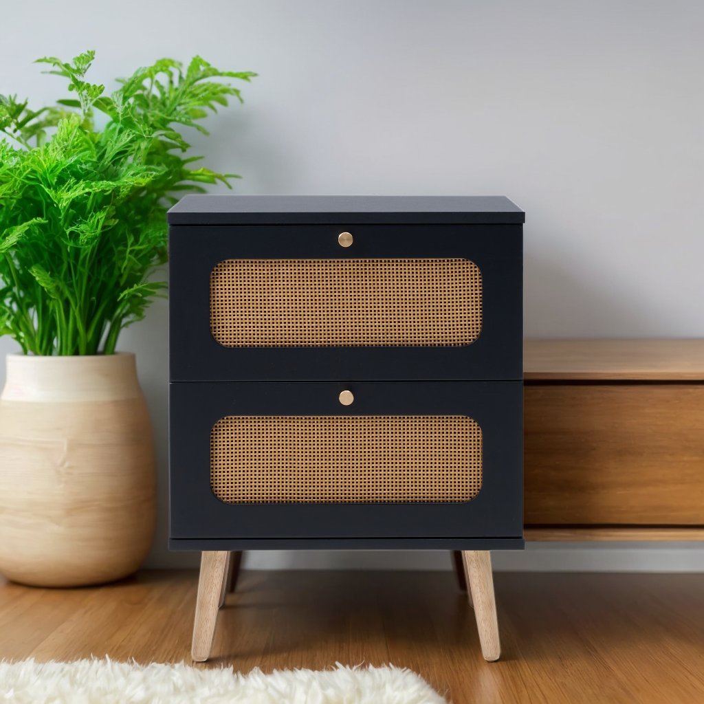 2 Drawer Rattan Nightstand For Bedroom And Living Room, End Table, Side Table With 2 Hand Made Rattan Decorated Drawers - Black - Image 2