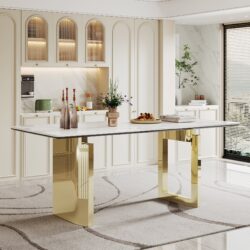 Thick Sintered Stone Composite Tempered Glass Top Rectangular Dining Table With Stainless Steel Base - Gold