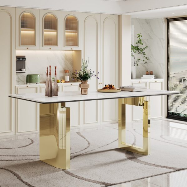 Thick Sintered Stone Composite Tempered Glass Top Rectangular Dining Table With Stainless Steel Base - Gold