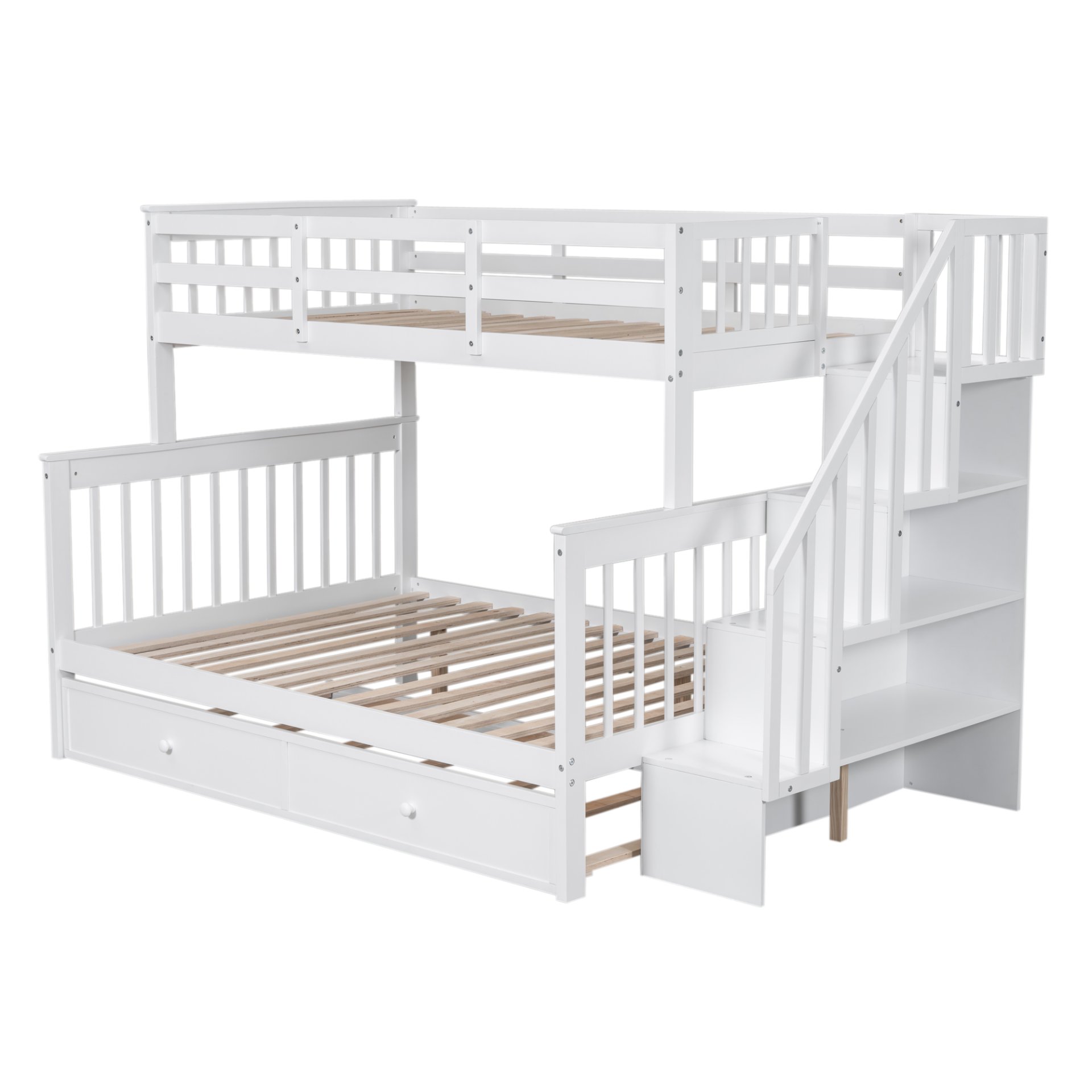 Twin Over Full Bunk Bed With Twin Size Trundle, Storage And Guard Rail For Bedroom - White - Image 7