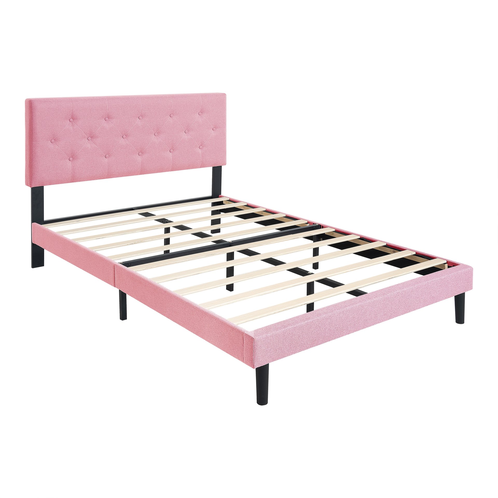 Modern Upholstered Queen Size Platform Bed Frame With Button Tufted Linen Headboard - Pink - Image 5