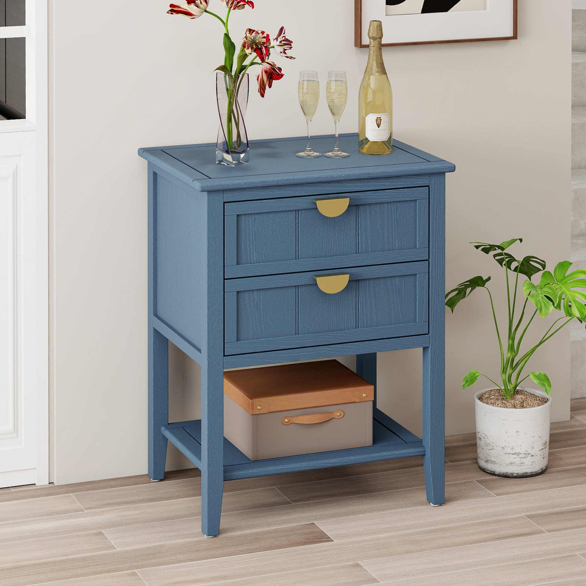 2 Drawer Side Table, American Style, End Table, Suitable For Bedroom - Blue - Image 5