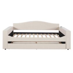 Twin Size Upholstered Daybed With Storage Armrests, Trundle And Latest Integrated Bluetooth Audio System - Beige