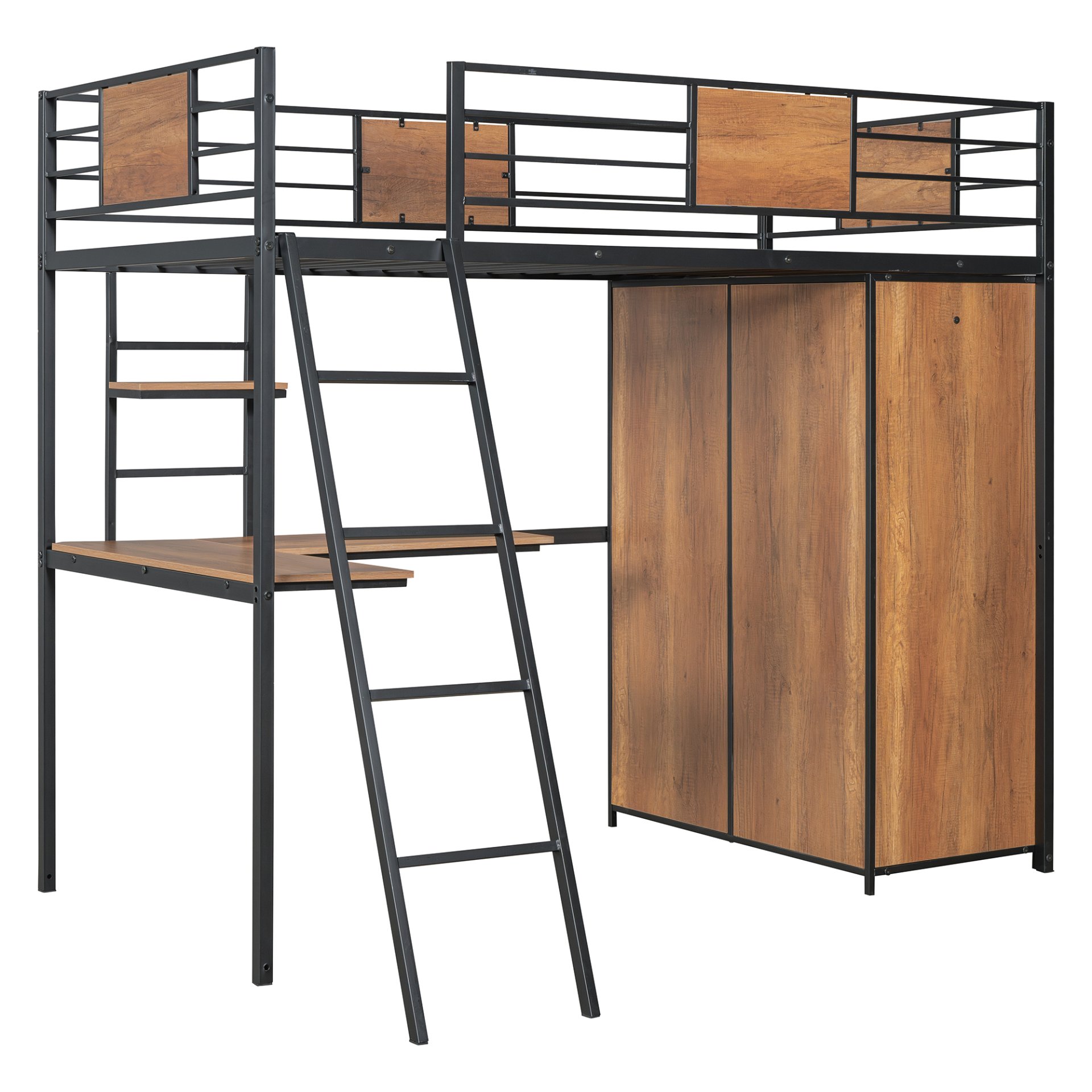 Twin Size Loft Bed With L Shape Desk And Wardrobe - Black - Image 5