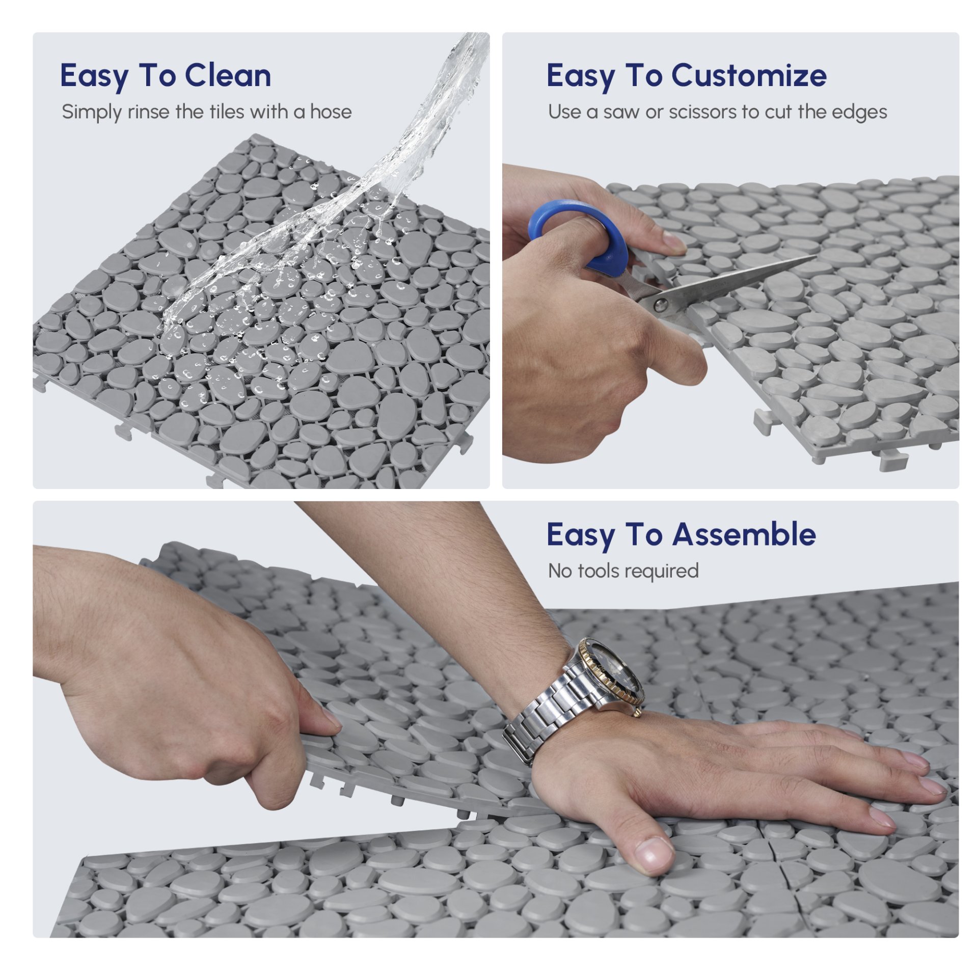 Interlocking Deck Tiles Plastic Waterproof Outdoor All Weather Anti-Slip Bathroom Shower Balcony Porch Strong Weight Capacity Upto 440 Lbs, Pebble Stone Pattern Pack Of 60 - Gray - Image 22