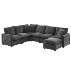 Modern U-Shape Modular Sofa, 7 Seat Chenille Sectional Couch Set With 2 Pillows Included, Freely Combinable Indoor Funiture - Black / Gray