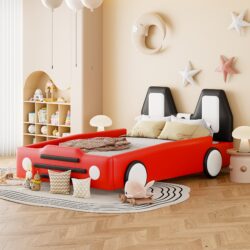 Twin Size Race Car Shaped, Platform Bed & Wheels - Red