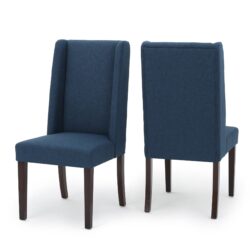 High Back Dining Chair (Set of 2) With Wingback Design And Birch Legs - Navy Blue