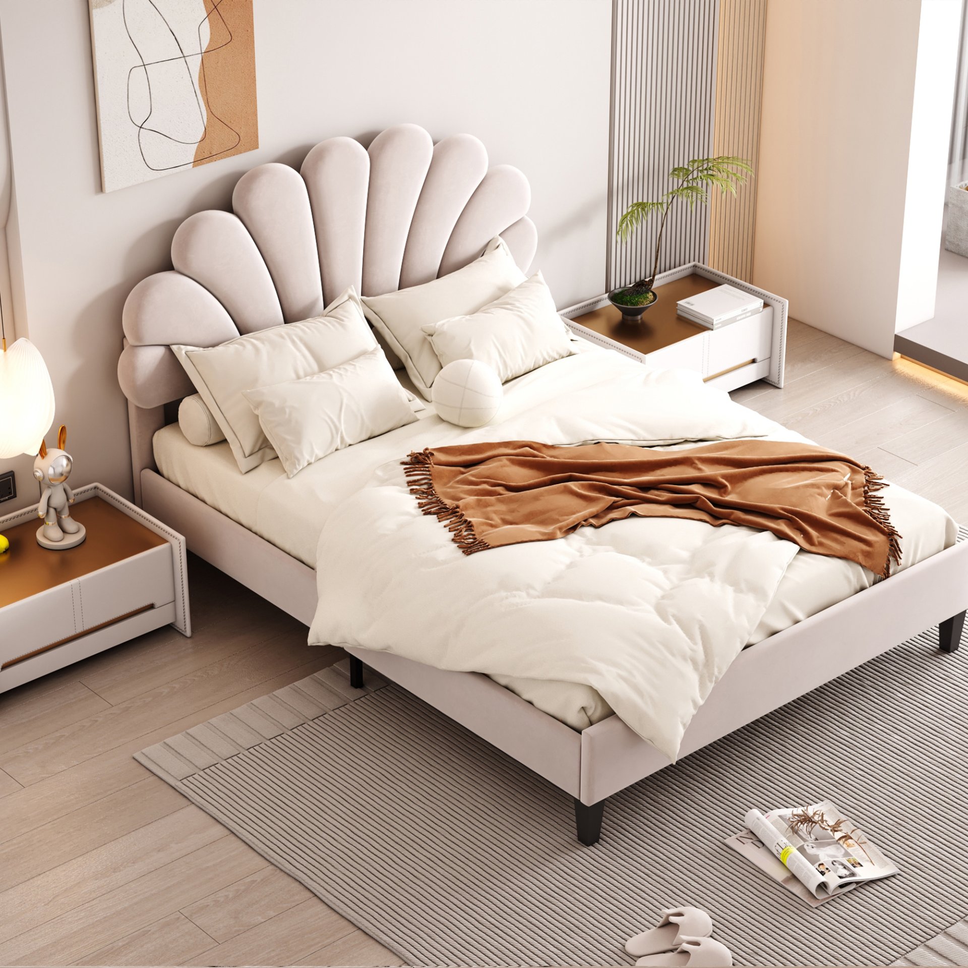 Full Size Upholstered Platform Bed With Flower Pattern Headboard - Beige - Image 3