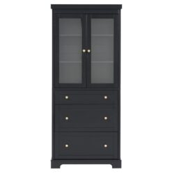 Freestanding Tall Bathroom Cabinet With Adjustable Shelves, Drawers, Soft Close Glass Doors - Black