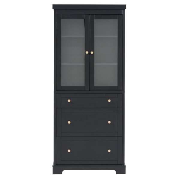 Freestanding Tall Bathroom Cabinet With Adjustable Shelves, Drawers, Soft Close Glass Doors - Black