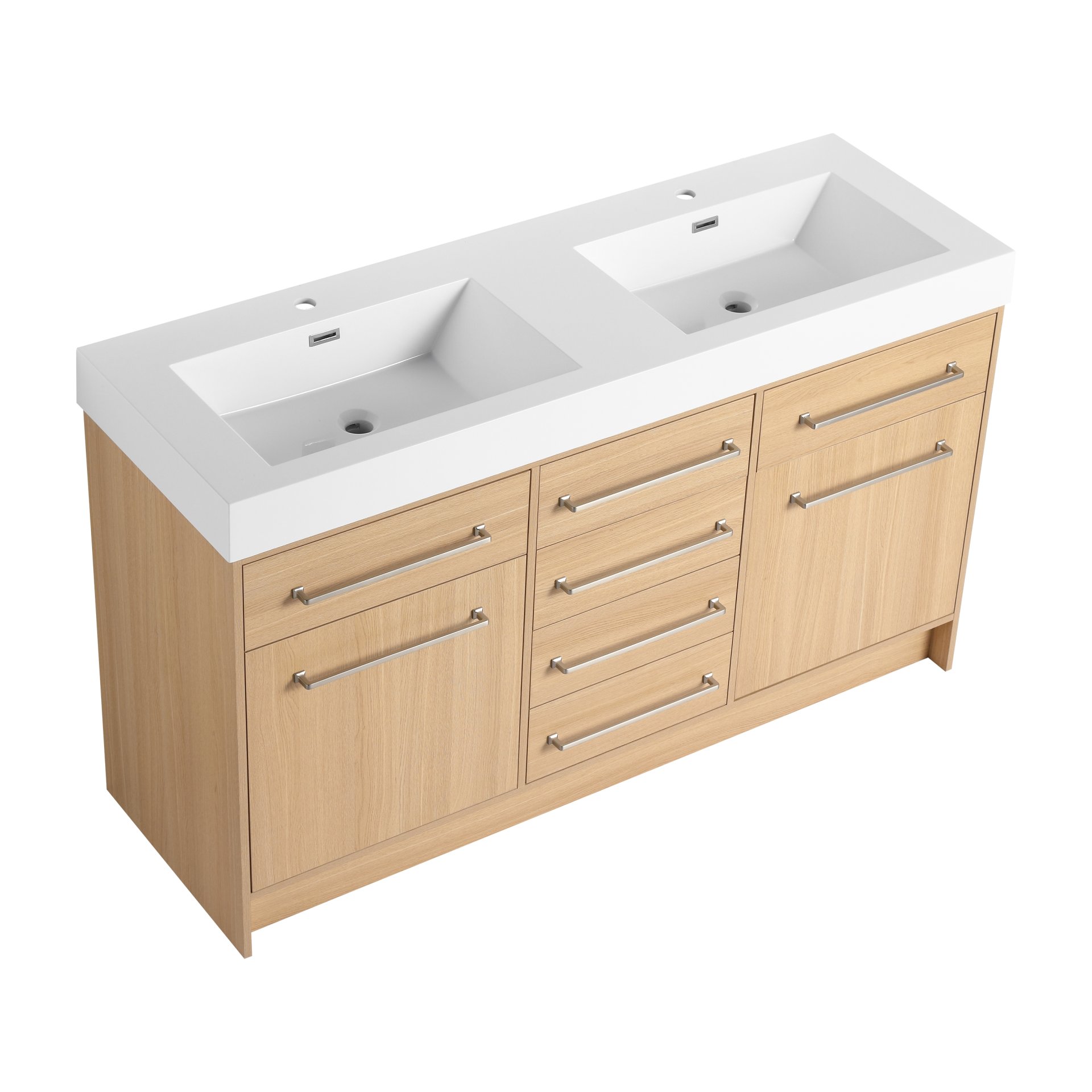 Original 60" Freestanding Bathroom Vanity With Double Resin Sink Soft Closing Doors & Drawers Plywood - Oak - Image 9