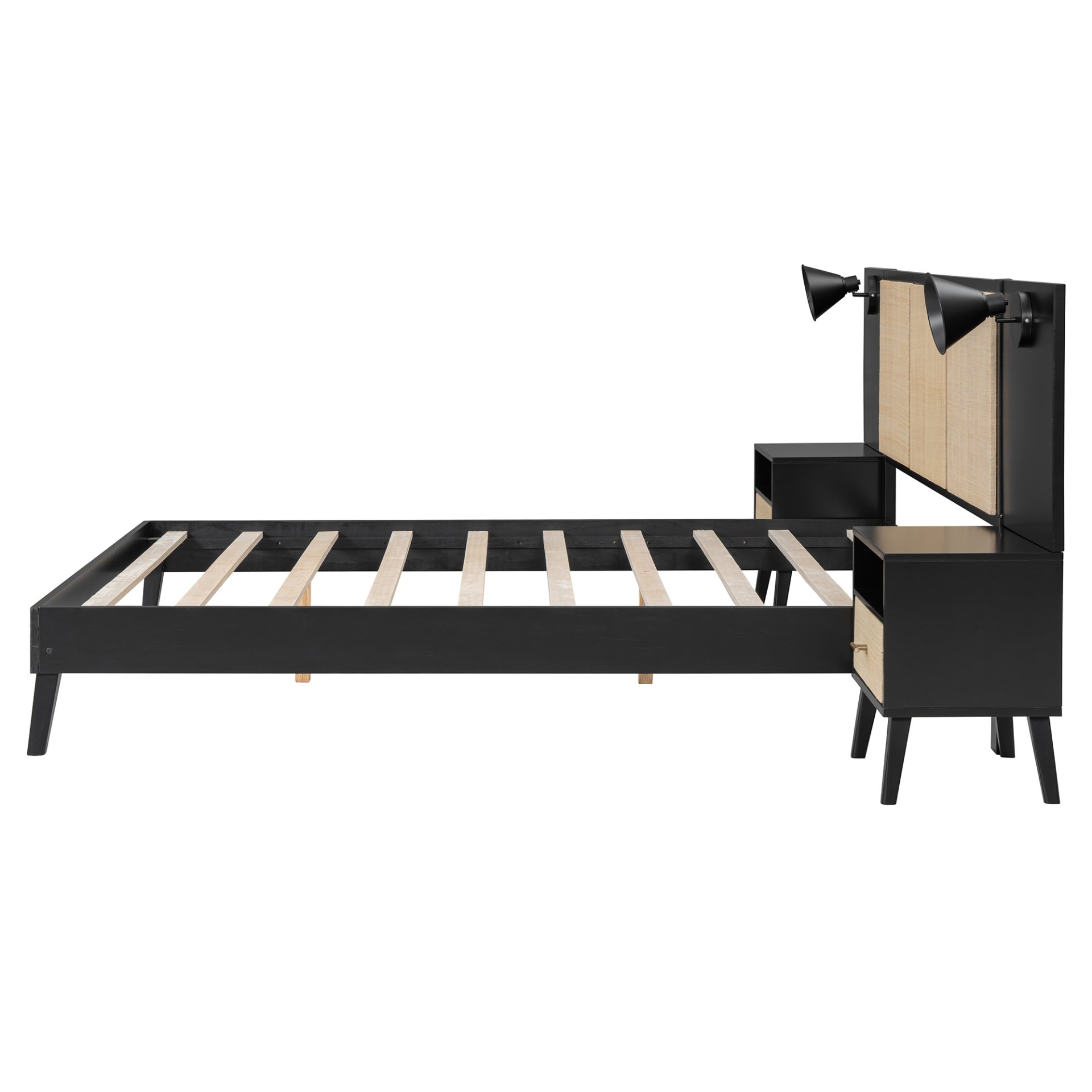Queen Size Bed Frame With 2 Nightstands Elegant Design With Lamps - Black - Image 12