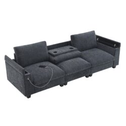 Sectional With Bluetooth Speaker Comfy Cloud Couch Set With Drop Down Table Cup Holders, USB Charger Storage Armrest Wide Seat Sofa - Dark Gray