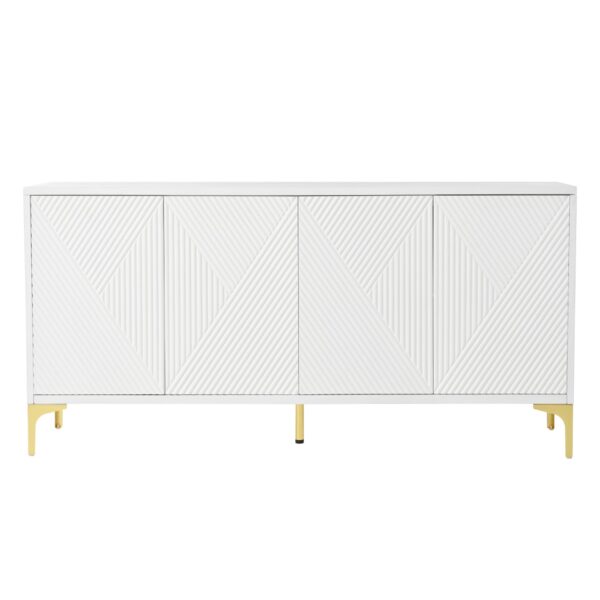Modern Wood Sideboard Cabinet With Carved Door Panels, Adjustable Shelves, And Sturdy Metal Legs - White