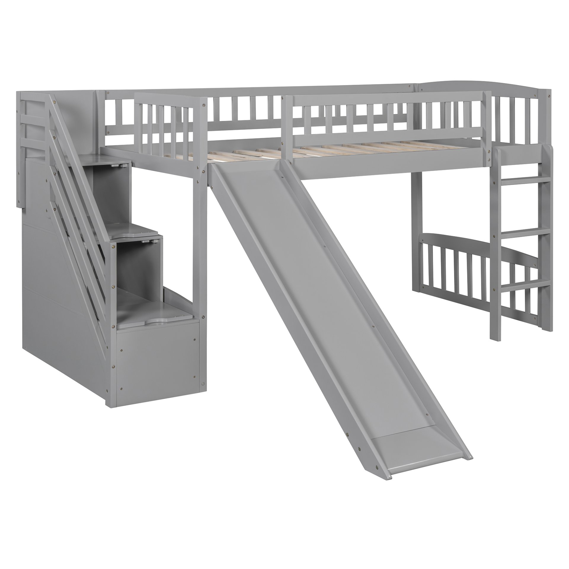 Twin Size Loft Stairway Bed With 2 Drawers And Slide - Gray - Image 10
