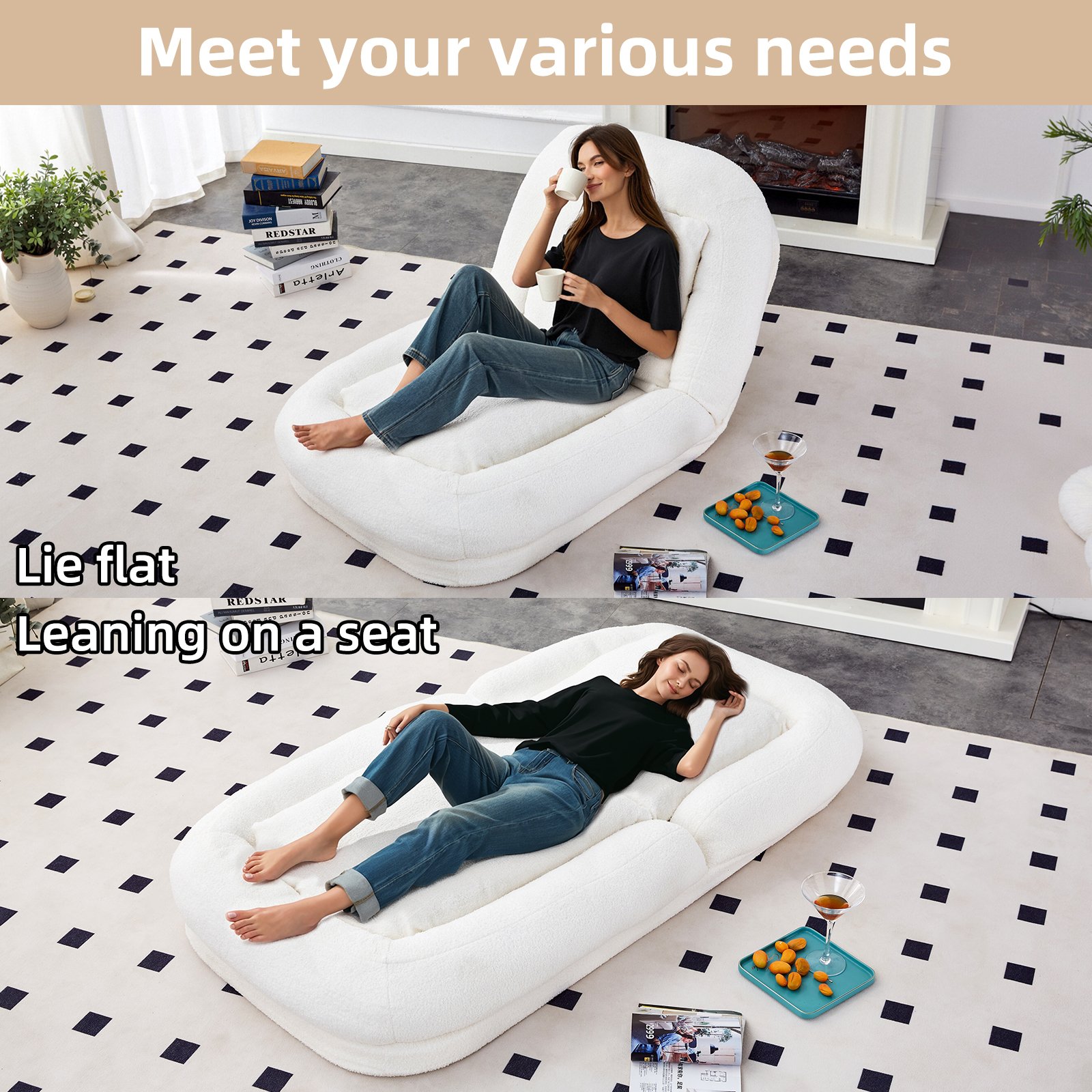 Modern Folding Sofa Chair With Adjustable Positions Plush For Gaming And Relaxation - Beige - Image 6