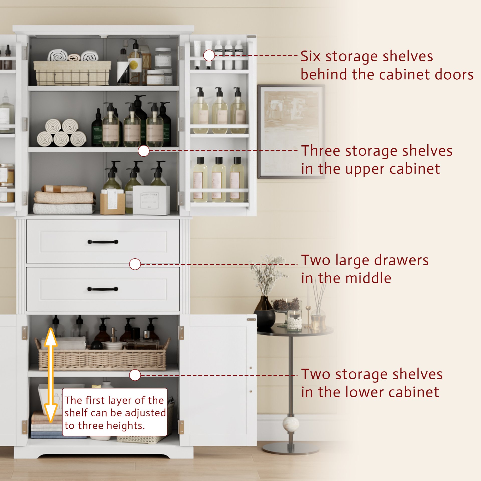 Elegant Multi Functional Storage Cabinet With Slide Rail Drawers, Adjustable Shelves - White - Image 7