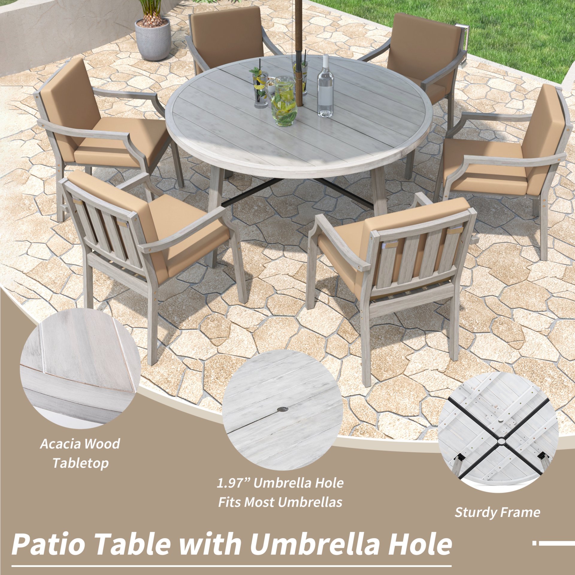 6 Person Outdoor Wooden Dining Set With Umbrella Hole And Removable Cushions For Patio - Gray - Image 4