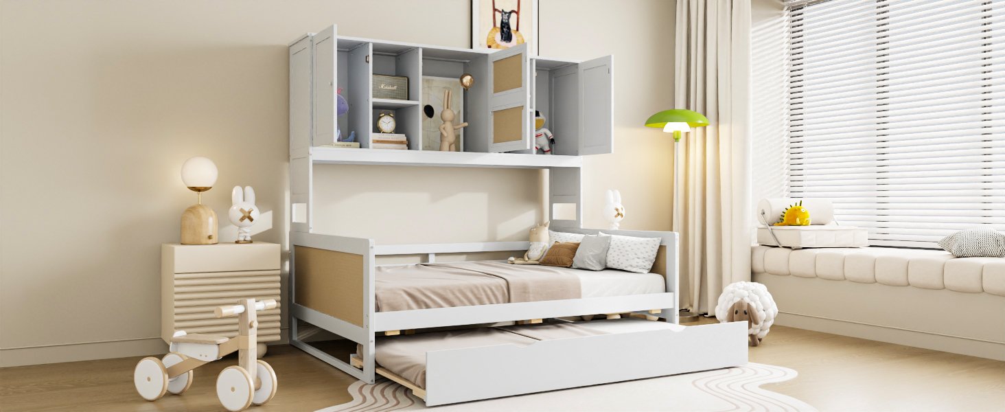Full Size Wooden Daybed & Twin Size Trundle, And All In One Cabinet And Shelf - White - Image 6