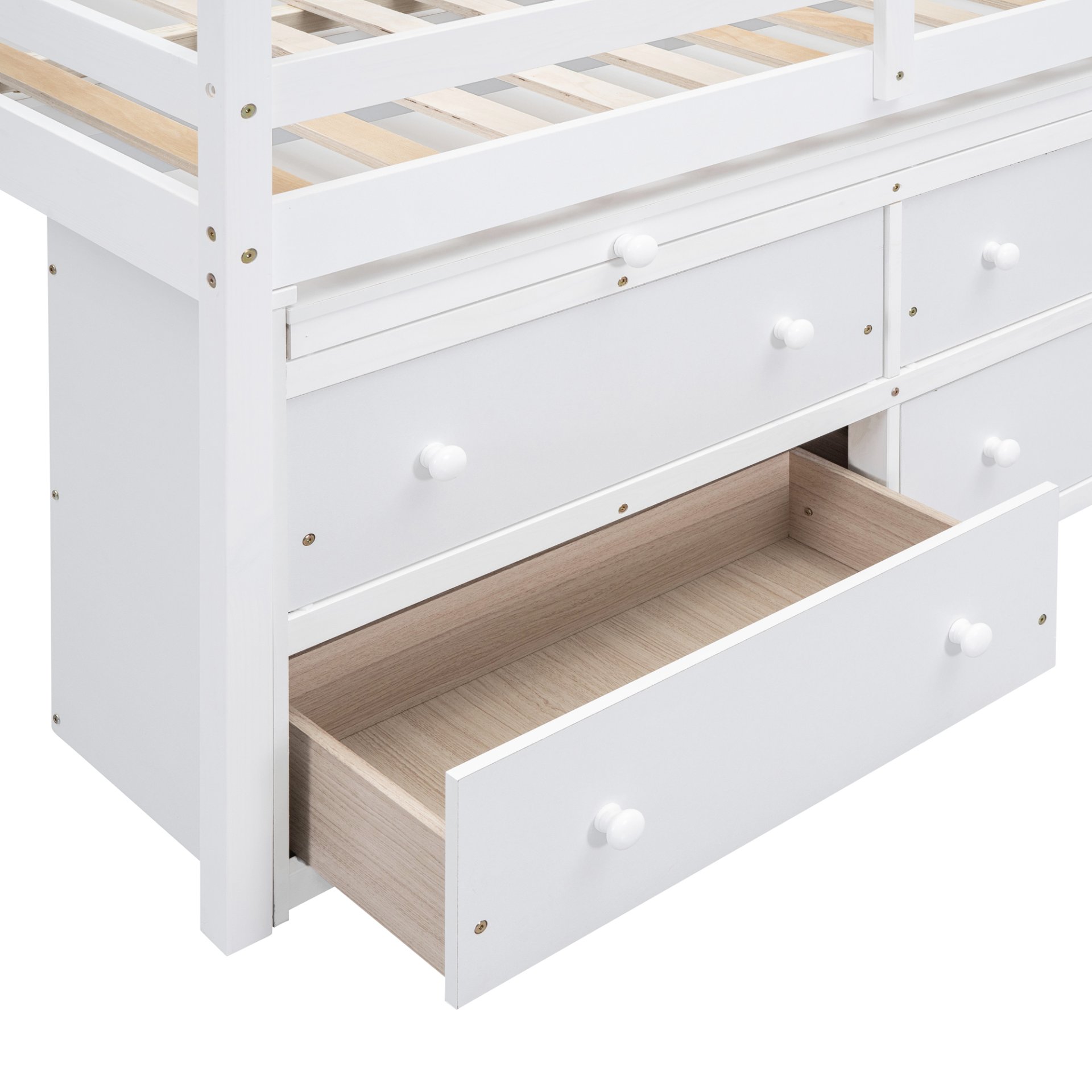 Full Size Loft Bed With Retractable Writing Desk And 4 Drawers, With Lateral Portable Desk And Shelves - White - Image 14