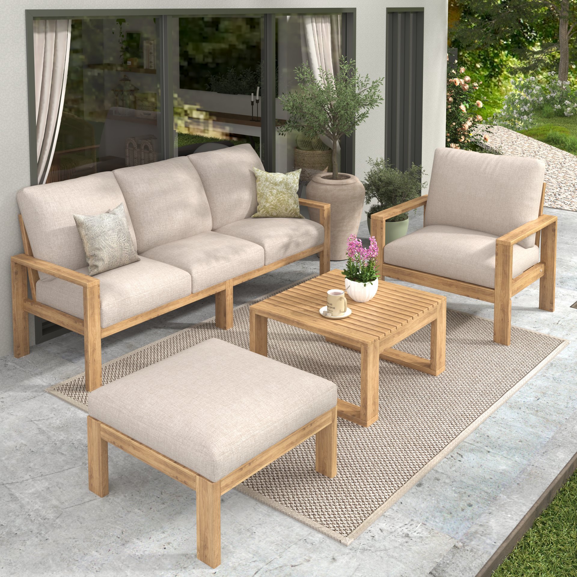 Outdoor 4 Pieces Acacia Sectional Patio Sofa Set - Light Gray / Teak - Image 4