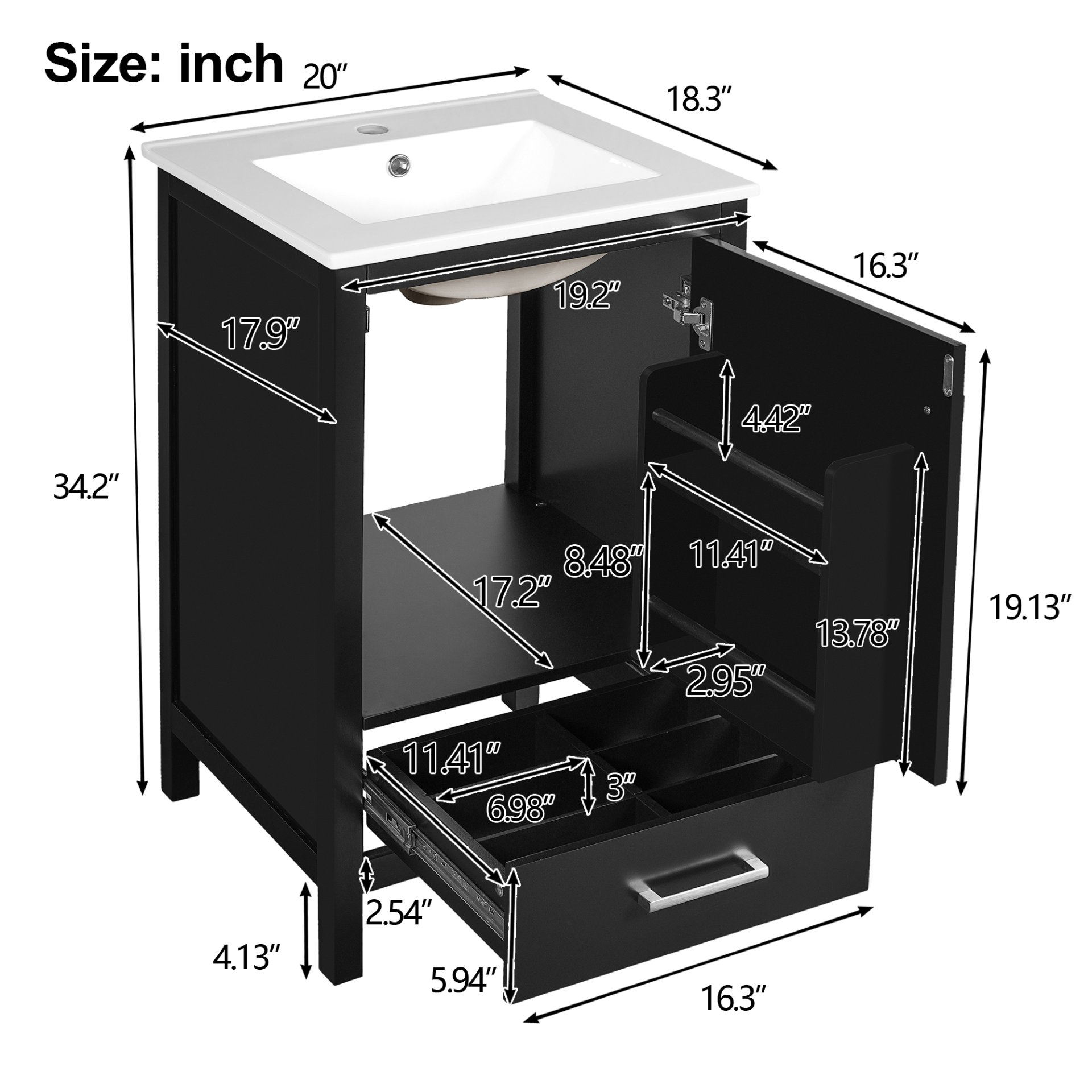 20" Bathroom Vanity With Sink, Soft Close Drawers, Door Organizer, Divider Drawer, Adjustable Foot Pads - Black - Image 3