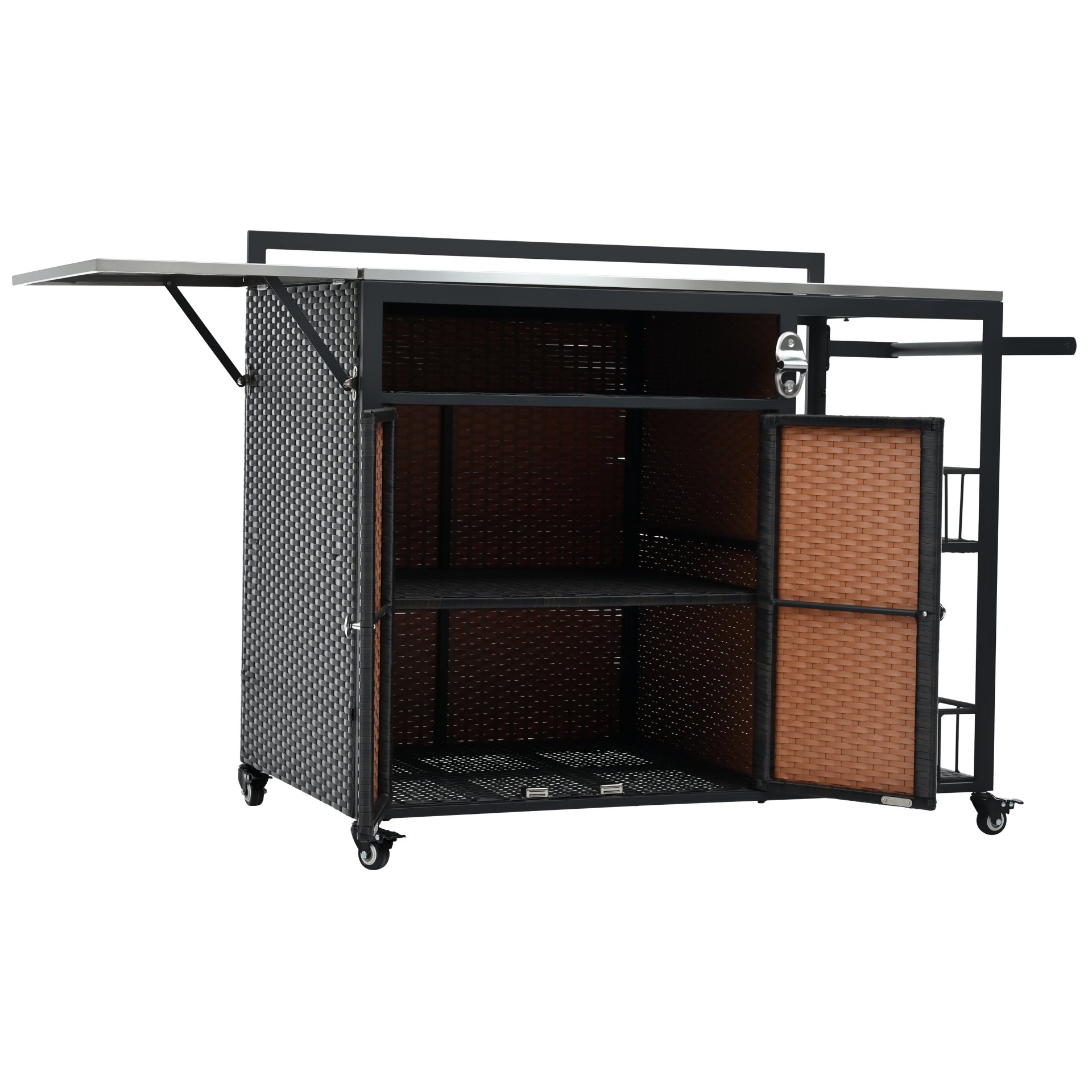 Outdoor Kitchen Island With Storage, Cooking Station, Grill Cart, Foldable Tabletop, And Bottle Opener - Dark Brown - Image 19